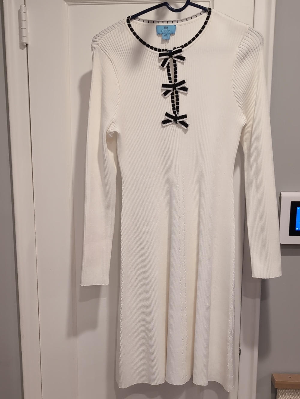 CeCe White Long-Sleeve Knit Dress with Bow Trim